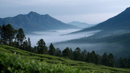 Silent mist envelops lush tea plantations under twilight hues, echoing Samhain whispers and Diwali's ethereal light celebrations