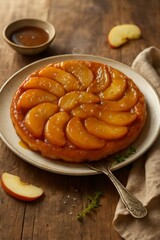 Golden-hued tarte tatin with caramelized apples, embodying rustic serenity, evokes Apple Day festivities and slow-food nostalgia