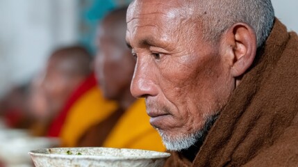 Elderly Asian male savoring ceremonial tea, exuding tranquility at Buddhist retreat, evoking Vesak celebrations and mindfulness meditation