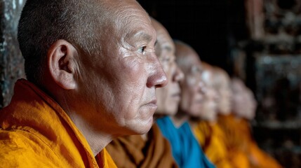 An introspective gaze of an Asian male monk in saffron robes, embodying serene wisdom, during Vesak celebration meditation