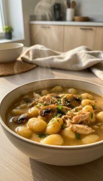 Steaming pot of gnocchi nestling with mussels and chicken whispers cozy autumnal evenings, perfect for Sagra dei Osei