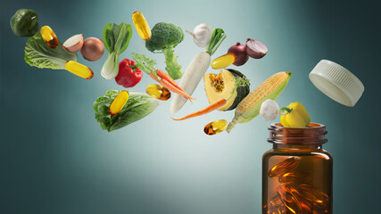 &ldquo;Healthy vitamins, fresh vegetables, and dietary supplements are displayed on a blue background, emphasizing the health benefits and a balanced lifestyle.&rdquo;