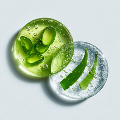 Aloe vera gel in round containers with green and clear textures  