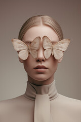 Young woman with butterfly glasses posing in soft light  