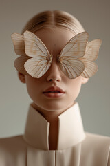 Young woman wearing oversized butterfly glasses in minimalist fashion  