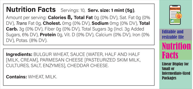 Nutrition facts, Supplement facts, Vitamin facts, Nutrition facts template, Editable nutrition label template, Linear Display for Small or Intermediate Sized Package