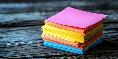Sticky notes, stack and pile with pages on wooden table for schedule planning, agenda or reminder. Closeup of empty cards or documents for memory, memo or message on checklist, Generative AI