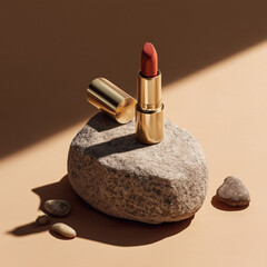 Lipstick on a stone against a minimalist background in natural light  