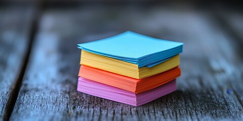 Sticky notes, stack and pile with pages on wooden table for schedule planning, agenda or reminder. Closeup of empty cards or documents for memory, memo or message on checklist, Generative AI