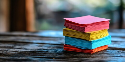 Sticky notes, stack and pile with pages on wooden table for schedule planning, agenda or reminder. Closeup of empty cards or documents for memory, memo or message on checklist, Generative AI