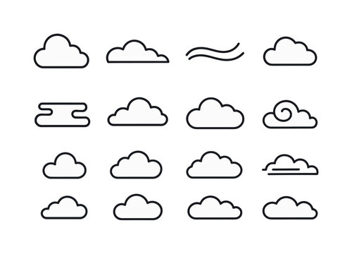 Cloud Icon Collection. Cloud shapes. Line icon set of cloud shapes: cumulus cloud, stratus cloud, cirrus cloud, cumulonimbus, nimbostratus, altostratus,