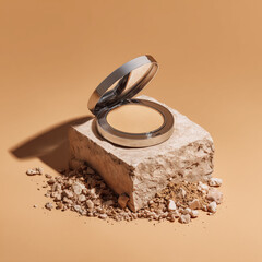 Makeup compact on stone surface with beige background  