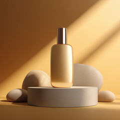 Minimalist cosmetic bottle on circular pedestal with smooth stones  