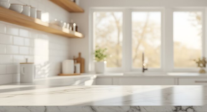 Bright and airy kitchen interior featuring white countertops wooden shelves and a large window