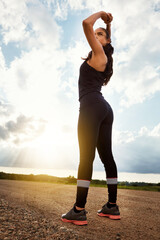 Fitness, stretch or woman in countryside with break, cool down or stop in physical activity....
