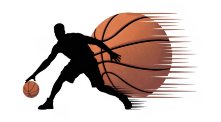 Basketball player silhouette with motion blur sports isolated on a transparent background