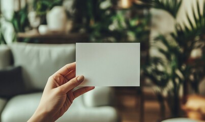Person, hand and blank paper with mockup for note, message or gift card in living room at home. Closeup of empty page, poster or small sign for alert, notification or reminder, Generative AI