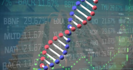 Animation of dna structure over financial and stock market data processing against tall buildings - Powered by Adobe