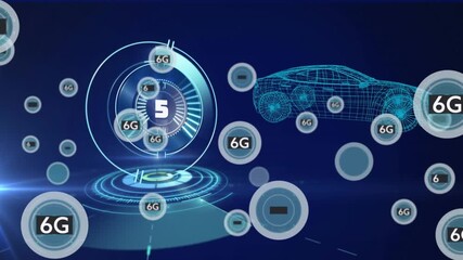 Animation of multiple round banner with 6g text against round scanner and 3d car model - Powered by Adobe