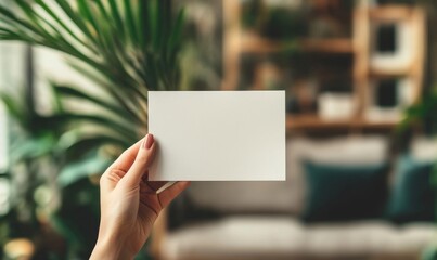 Person, hand and blank page with mockup for note, message or gift card in living room at home. Closeup of empty paper, poster or small sign for alert, notification or reminder of agenda, Generative AI