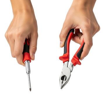 mid-tone female hands holding a philips screwdriver, needle-nose pliers, and wire cutters with vibrant red handles in a razor-sharp macro studio shot on a transparent background, concept of