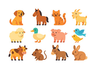 Naklejka premium Rural Animal Icons. Rural Companions. Colorful flat vector icons set of Rural Companions: farm dog buddy, loyal horse, barn kitten, friendly goat, soft sheep,