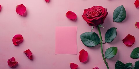 Sticky note, card and valentines day with rose on banner for anniversary or gift above on a pink background. Top view of empty space with flowers, leaves or petals by paper for message, Generative AI
