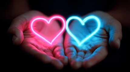 Fototapeta premium A person holds glowing neon hearts in their cupped hands in the dark
