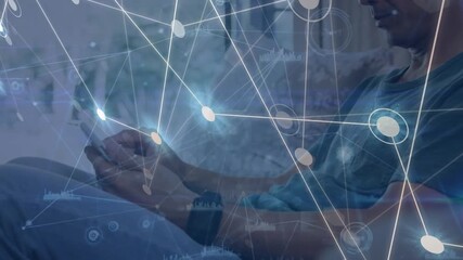 Animation of network of connections with data processing over asian man using smartphone - Powered by Adobe