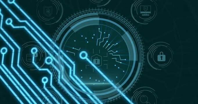 Animation of cyber security text, shield, icon in circles, padlock in hexagon, circuit board texture