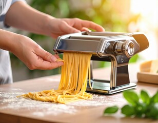 Hands Operating A Manual Pasta Maker Creating Fresh Spaghetti Noodles With Soft Natural Light And Green Basil In The Background
