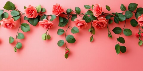 Sticky note, card and valentines day with rose on banner for anniversary or gift above on a pink background. Top view of empty space with flowers, leaves or petals by paper for message, Generative AI