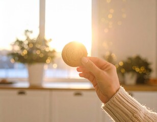 Hand holding a golden brown cookie with soft bokeh lights in the background and warm sunlight streaming through a window creating a cozy atmosphere