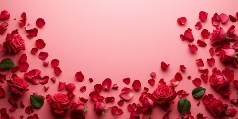 Rose, card and valentines day with flower on banner for anniversary or gift above on a pink background. Top view of empty space with petals by paper for message, love or post, Generative AI