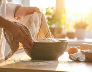 Baker Covers Dough Rising In A Bowl With Sunlight Streaming Through A Window Over A Kitchen Countertop