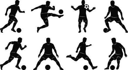 Soccer player silhouette set showing football actions dribbling kicking passing isolated on white background sports vector illustration