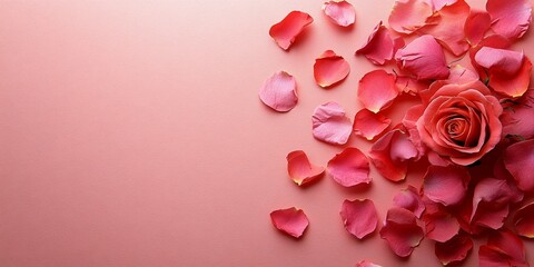 Rose, card and valentines day with flower on banner for anniversary or gift above on a pink background. Top view of empty space with petals by paper for message, love or post, Generative AI