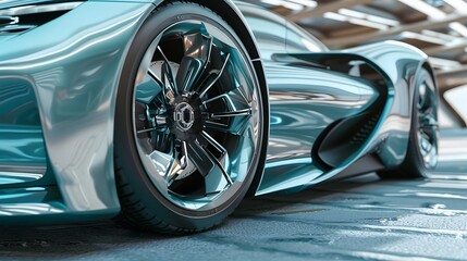 Close-up of Futuristic Sports Car Wheel and Sleek Body