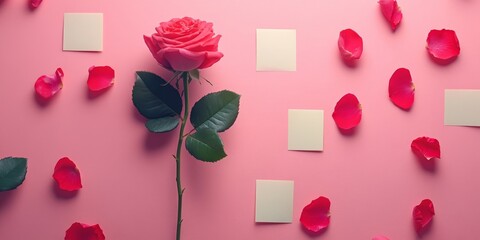 Sticky note, card and valentines day with rose for anniversary, gift or banner on a pink background. Top view of empty space with flower, leaves or petals by paper for message, Generative AI