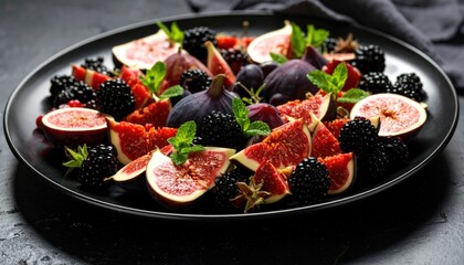 Dark Platter Filled With Sliced Figs Blackberries And Grapes Garnished With Mint Leaves Under Dramatic Lighting