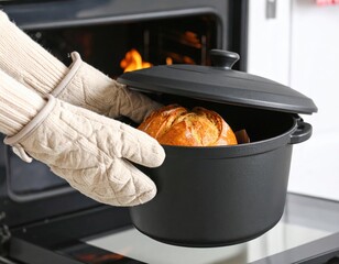 Baker Wearing Oven Mitts Carefully Removes Crusty Round Loaf of Bread From Black Cast Iron Dutch Oven Inside a Hot Oven With Flames Visible