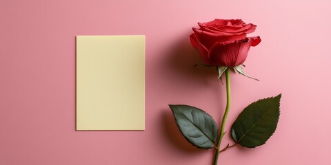Sticky note, card and valentines day with rose for anniversary, gift or banner on a pink background. Top view of empty space with flower, leaves or petals by paper for message, Generative AI