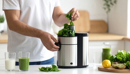 Man Preparing Fresh Green Juice Using Juicer Machine In A Bright Kitchen With Healthy Ingredients Like Spinach And Lettuce