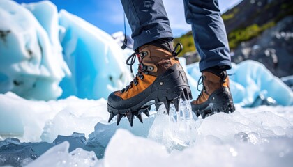 CloseUp Of Hiker Wearing Orange And Black Hiking Boots With Ice Cleats Walking On Glacier During Daytime With Bright Sunlight
