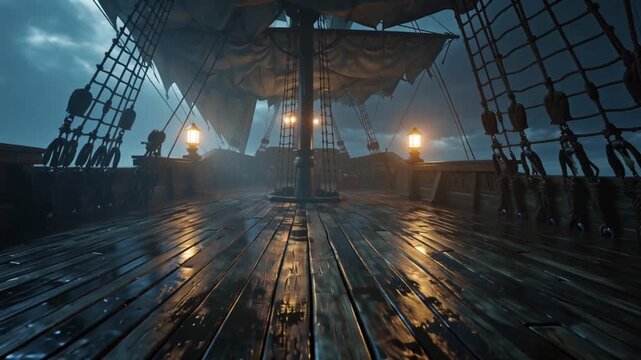 Empty pirate ship deck night, stormy weather, rain-soaked wooden planks, ropes swinging wind, flickering lanterns, waves crashing mist low fog drifting deck, dramatic lightning flashes ship textures
