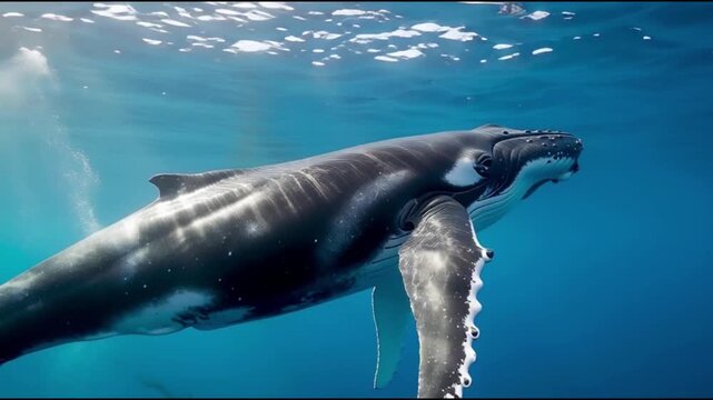 Majestic humpback whale swims gracefully underwater, its body gliding through the ocean's depths, capturing a serene moment in the blue waters from a unique underwater viewpoint.
