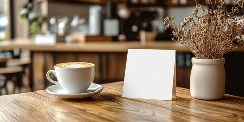 Sticky note, coffee and books with mockup at cafe for creative startup, agenda or tasks. Blank card, paper or sign for message, text or notification with cup of latte, cappuccino, Generative AI