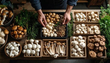 Farmer displays abundant harvest of assorted fresh mushrooms and green herbs on a rustic wooden table in a dimly lit natural setting ready for sale