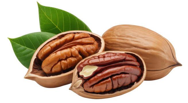 Pecans with green leaves and shells nuts food isolated on a transparent background