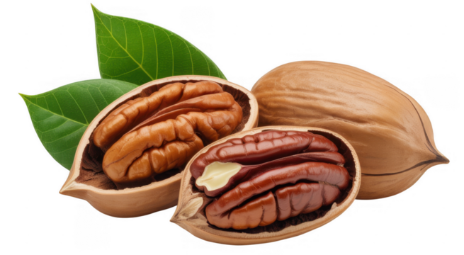 Pecans with green leaves and shells nuts food isolated on a transparent background - Powered by Adobe